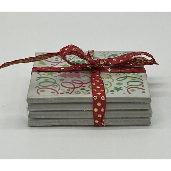 Festive Ceramic Coaster Set Of 4 with Christmas Trees And Confetti - Picture 6 of 6
